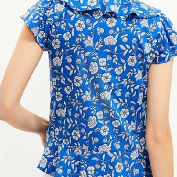 LOFT Floral Blue Ruffle Top - Picture 3 of 7